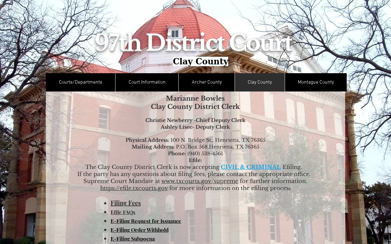 Clay County criminal court case routing through the 97th District Court