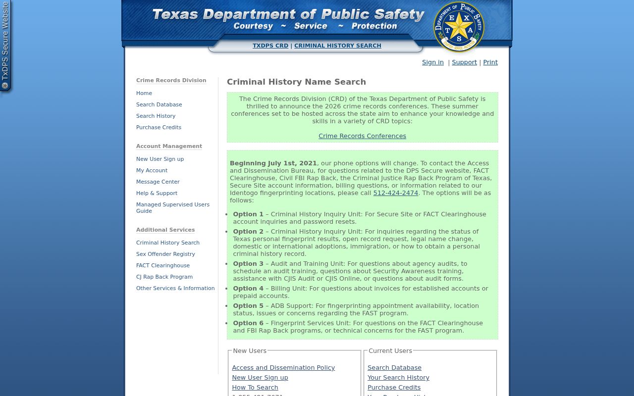 Texas DPS criminal history account and name search landing page